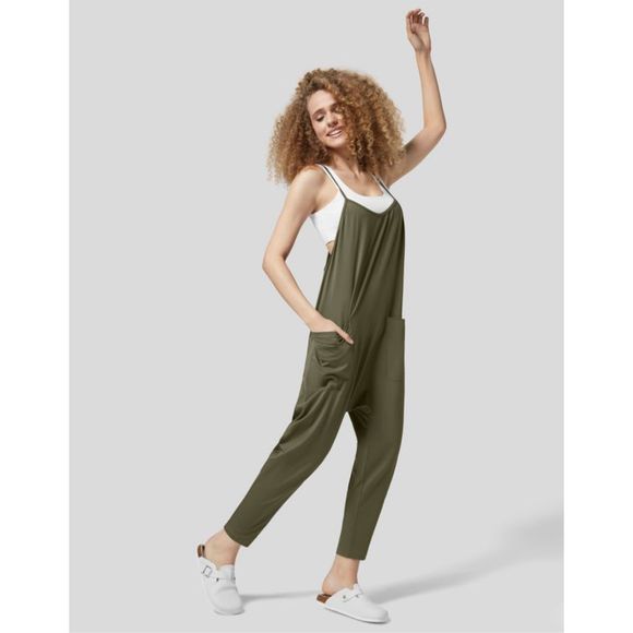 Halara Backless Multiple Pockets Ankle Length Work Tapered Jumpsuit Winter Moss - Picture 2 of 6